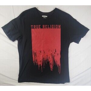 True Religion Brand Black/ Red Paint Dripping Logo Tshirt Mens 2XL